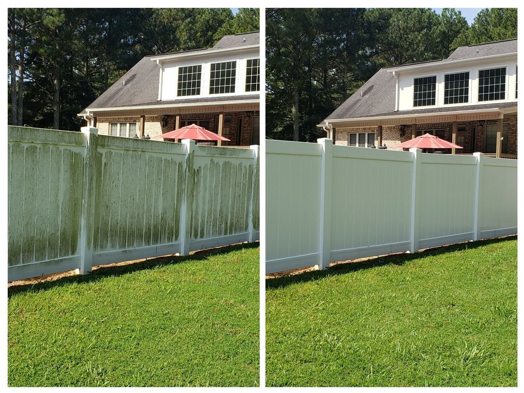 White Fence Before and After Soft Wash House in Background | Harvest, AL | Radiant Exterior Cleaning