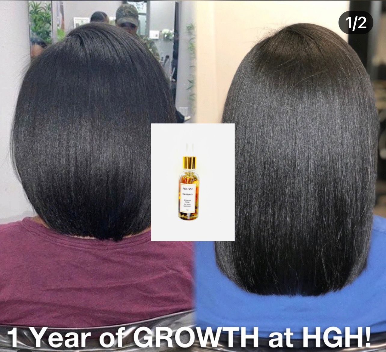 Two women’s sleek, black hair; one-year growth comparison. Bottle of hair oil in between.
