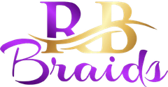 Logo for "RB Braids". Purple and gold letters; a stylized swoosh.