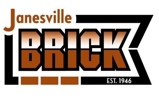 Janesville Brick logo: brown and white text, brick design, black outline, 