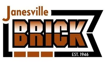 Janesville Brick logo: brown and white text, brick design, black outline, 