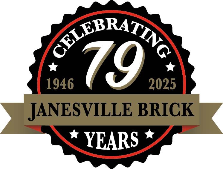 Logo for Janesville Brick: celebrating 79 years, with a red, black, and gold seal, and dates 1946-2025.