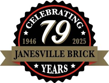 Logo for Janesville Brick: celebrating 79 years, with a red, black, and gold seal, and dates 1946-2025.
