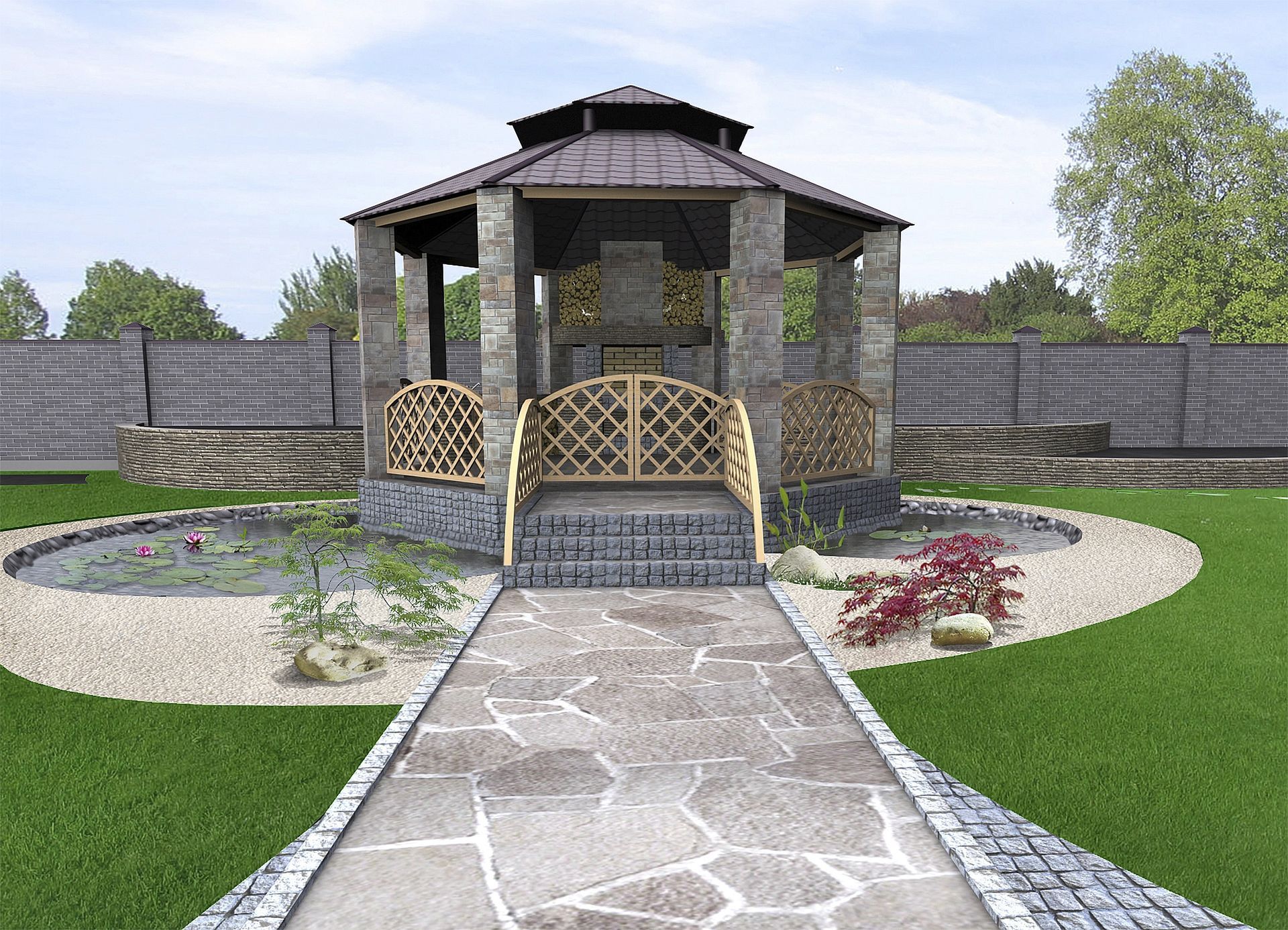 Stone gazebo over pond with pathway, surrounded by green grass, and a wooden fence.