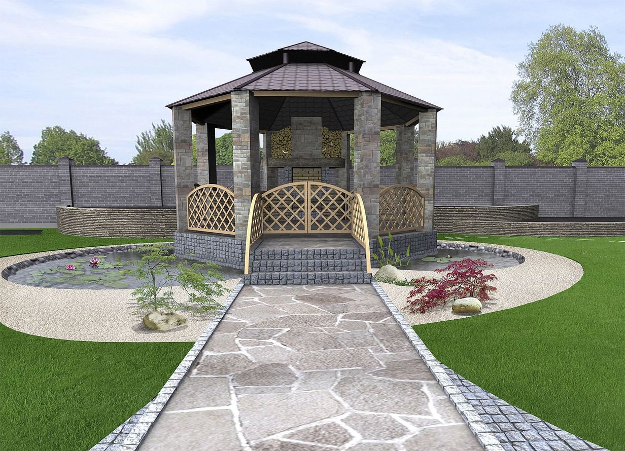 Stone gazebo over pond with pathway, surrounded by green grass, and a wooden fence.
