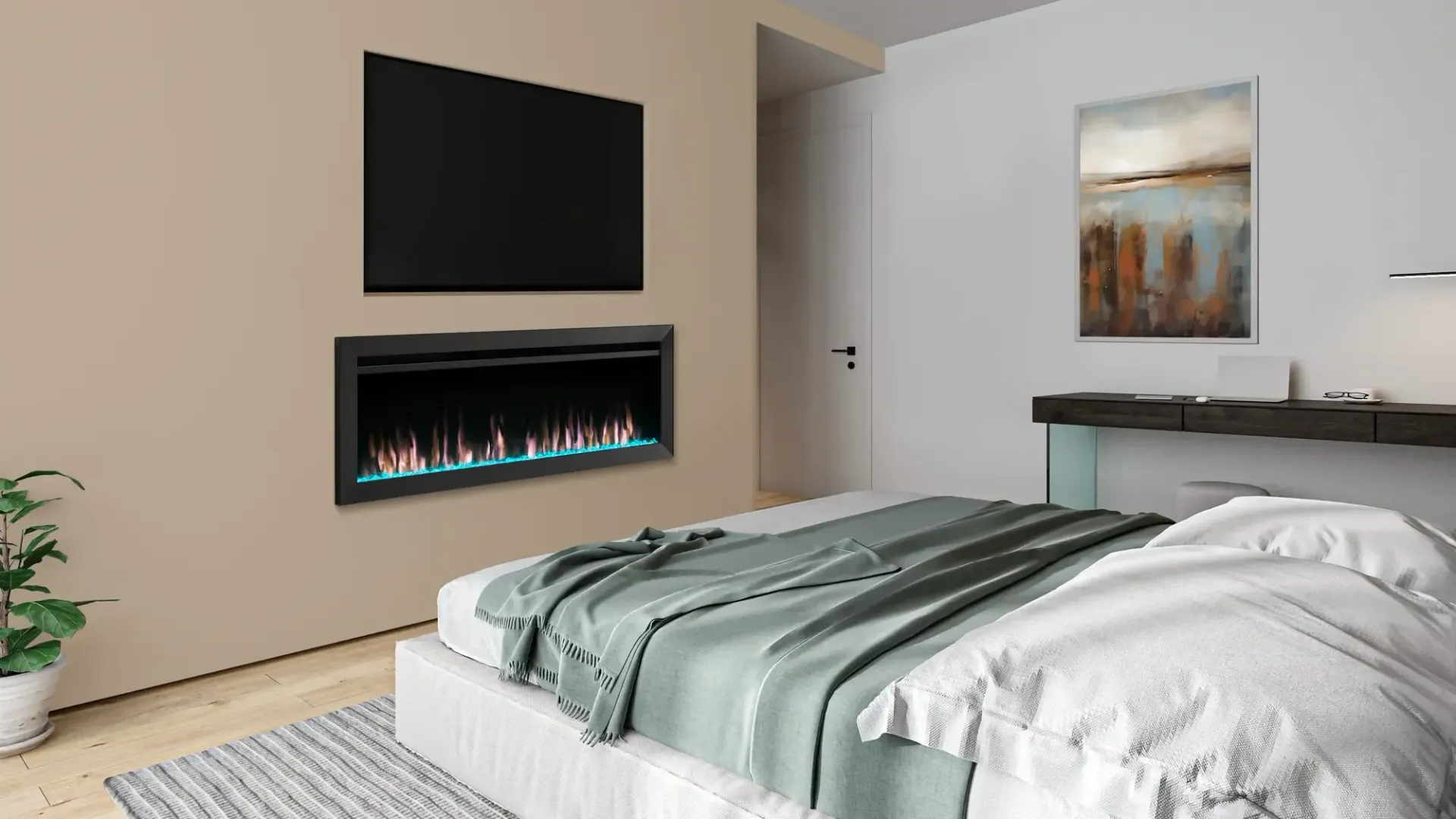 Bedroom with bed, fireplace, TV, and art on a beige wall.