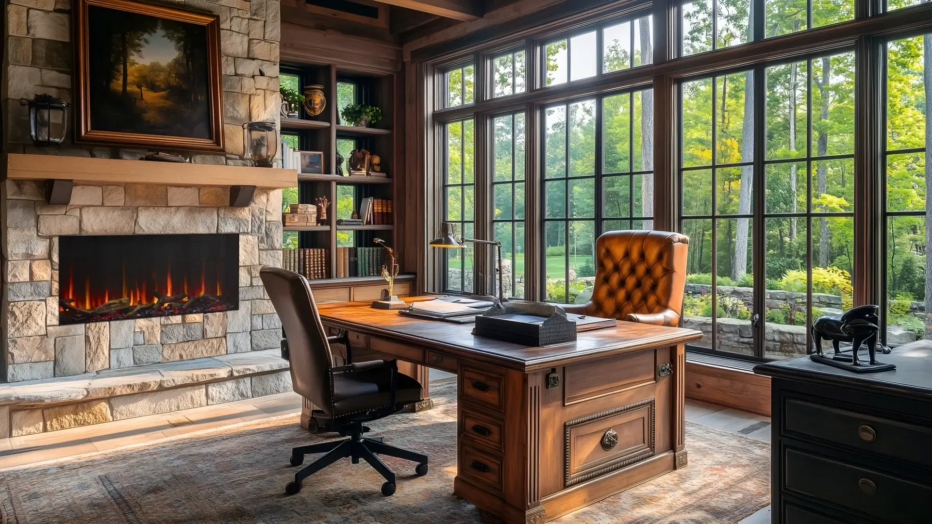 Cozy home office with a stone fireplace, large windows with a forest view, and a wooden desk.