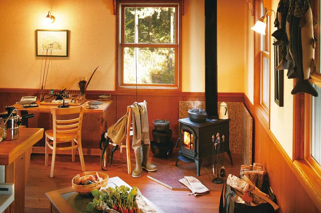 Cozy cabin interior with a wood-burning stove, wooden floors, and a table by the window; warm tones.