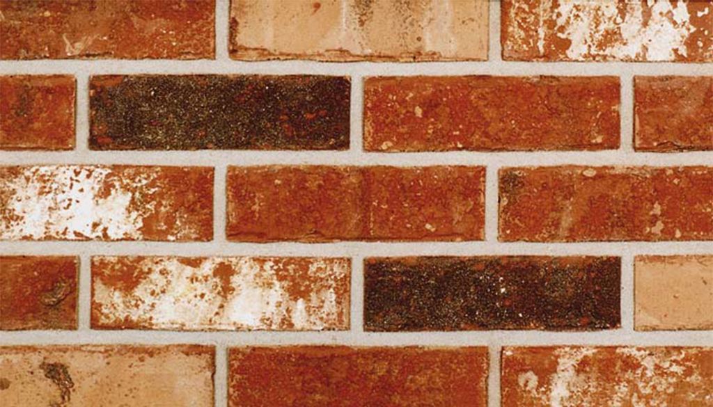 Close-up of a brick wall with varying shades of red, orange, and brown bricks set with white mortar.