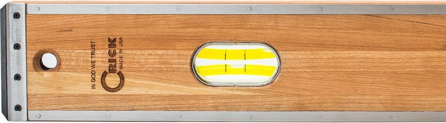 Wooden level with a bubble vial and a white end cap, showing a logo.