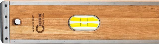 Wooden level with a bubble vial and a white end cap, showing a logo.