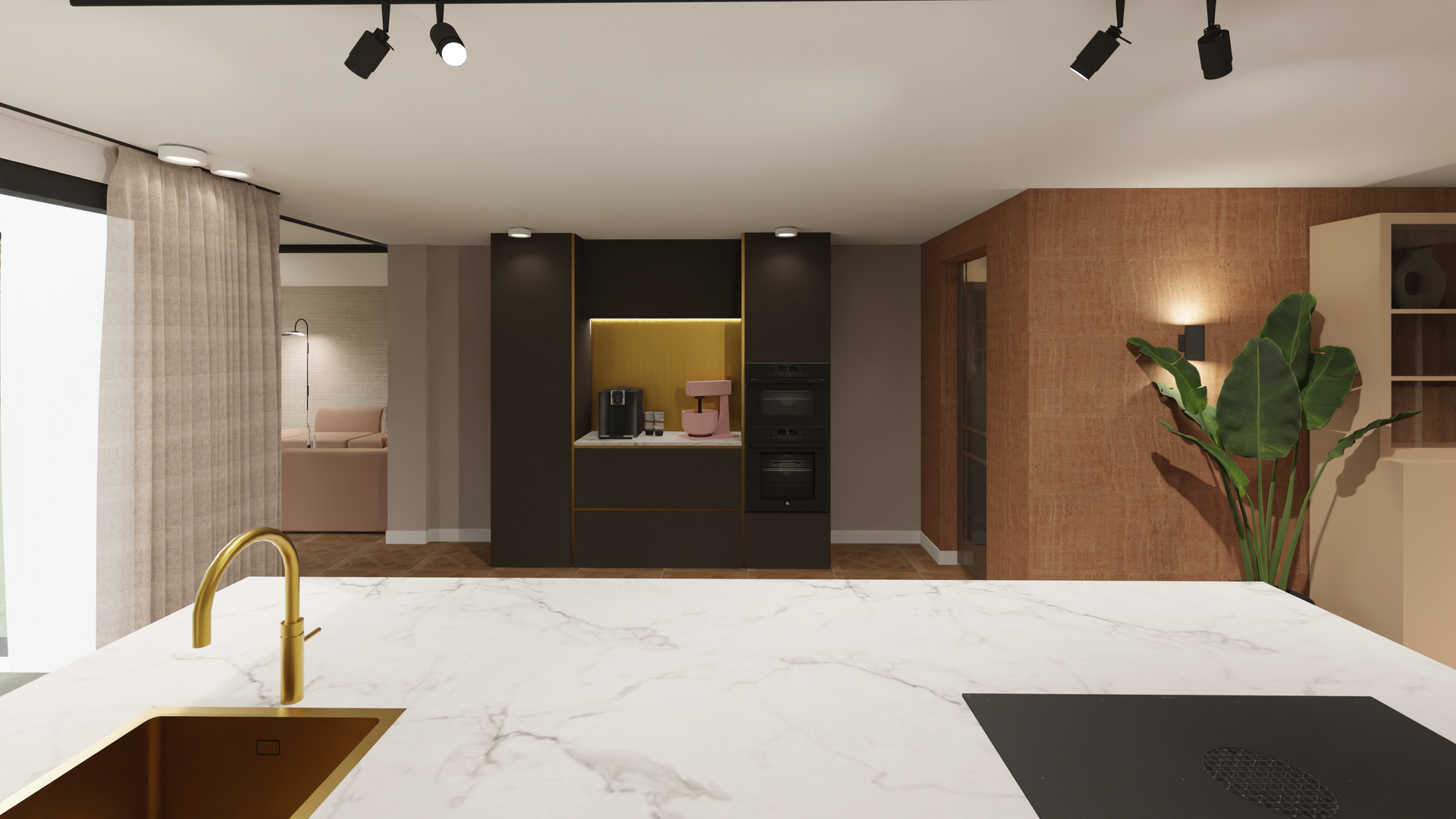Keukenontwerp met luxe materialen wordt midden in de woning geplaatst.