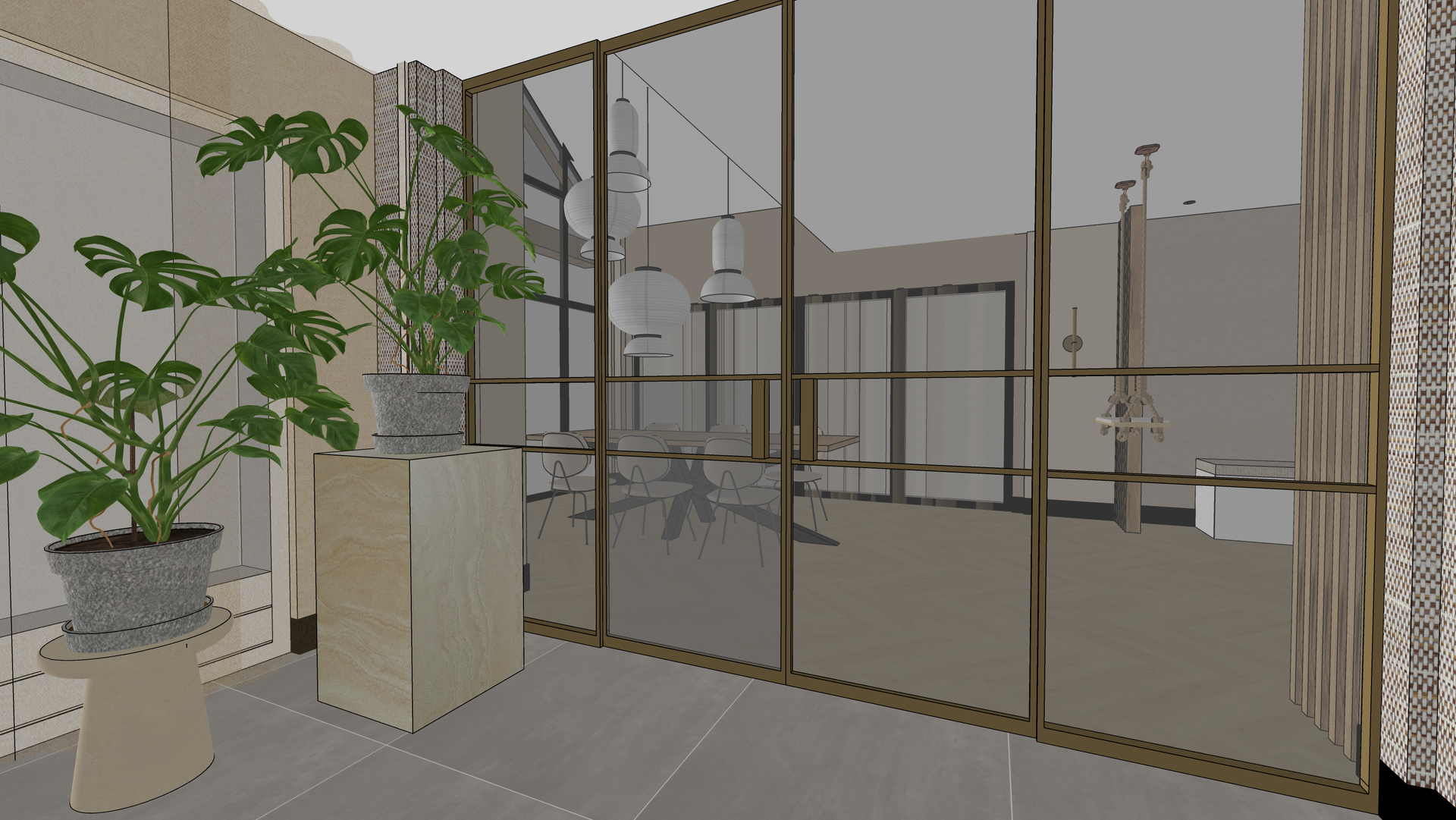 De aanbouw wordt verbonden door het plaatsen van mooie stalen in een bronzen kleur.