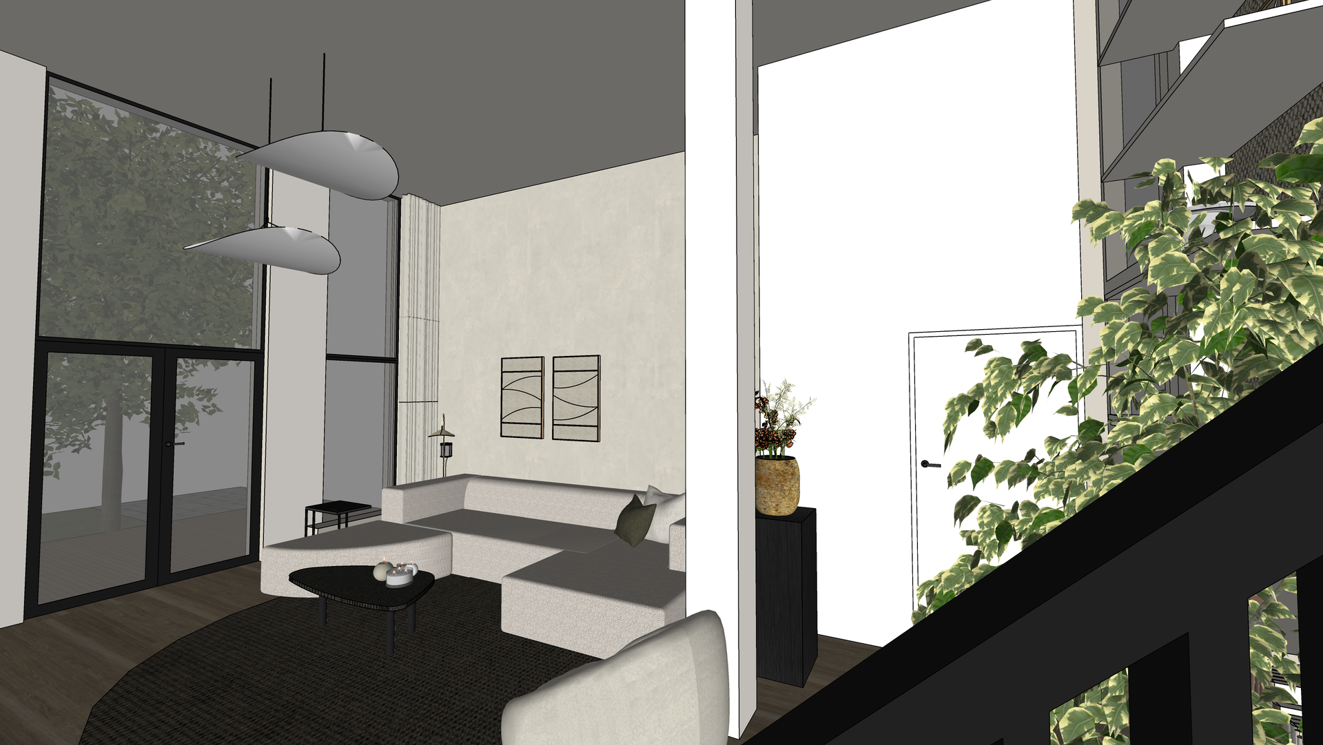 De prachtige hoogte in de zithoek zorgt voor een ruimtelijk gevoel in de woonkamer.