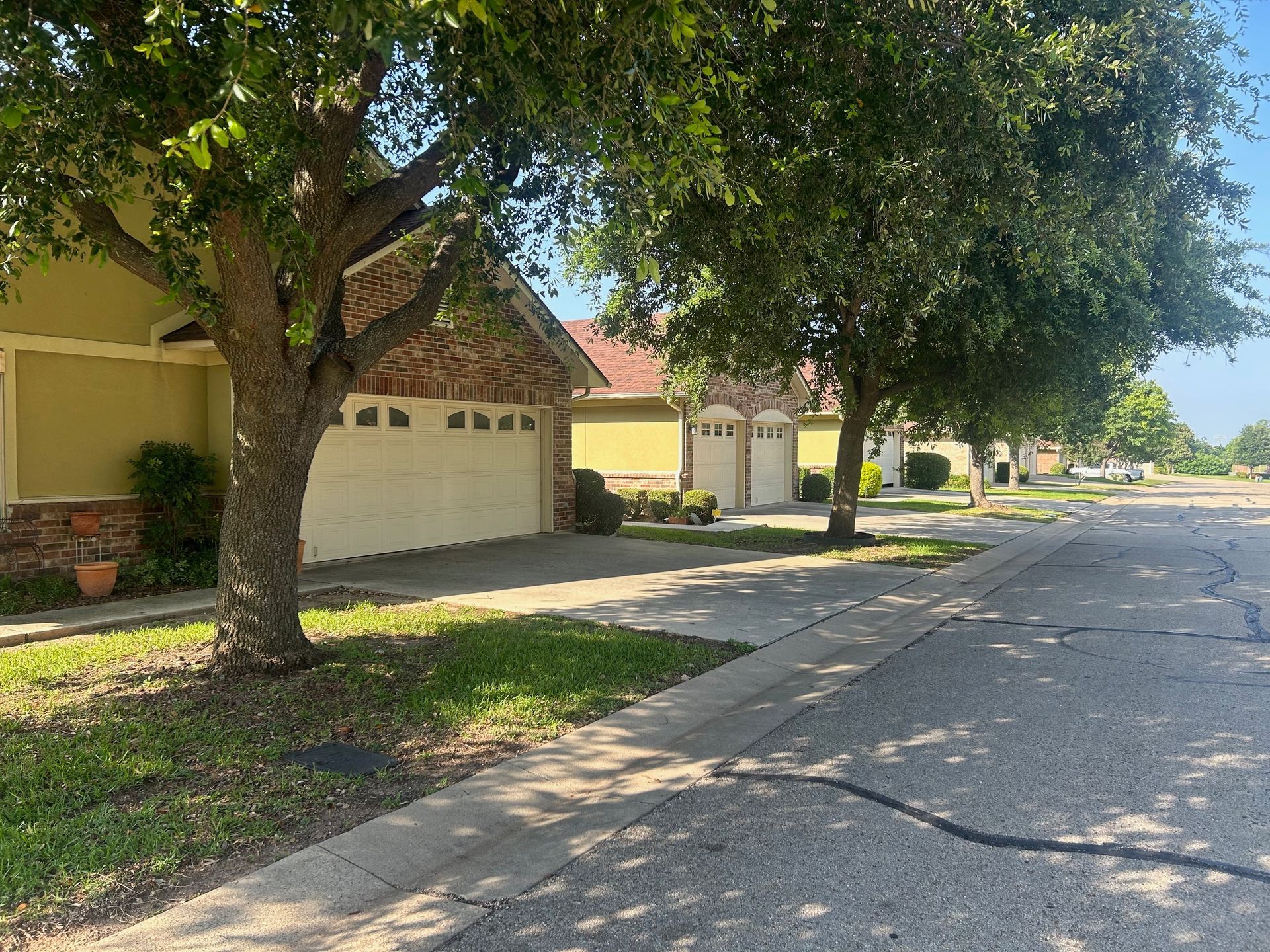 A house with a garage and a tree in front of it in a residential area.
