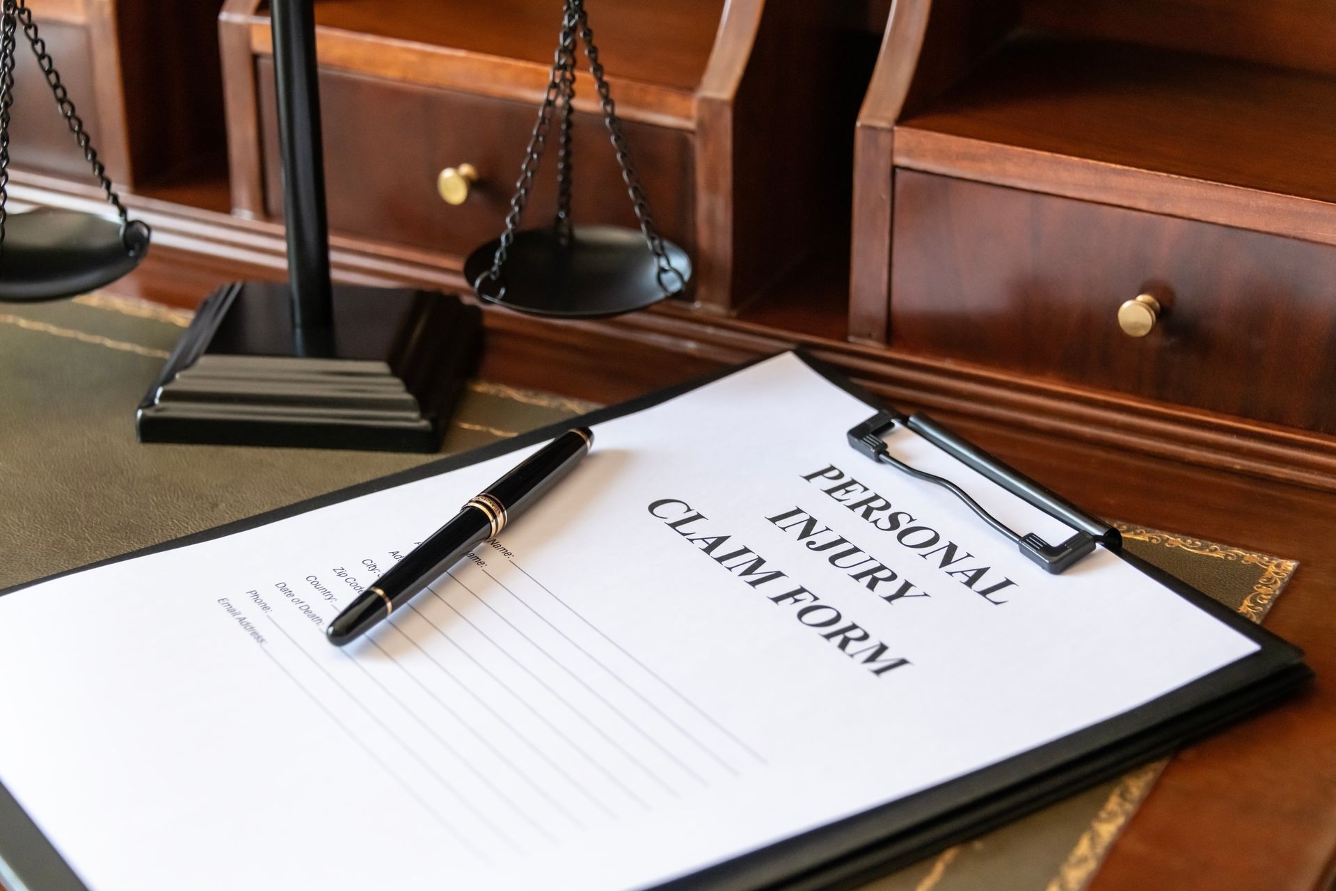 Clipboard with legal document and pen on a courtroom desk, with scales of justice in the background