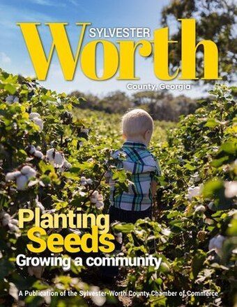 Front of our magazine. A baby in a plaid shirt sitting in a field of cotton