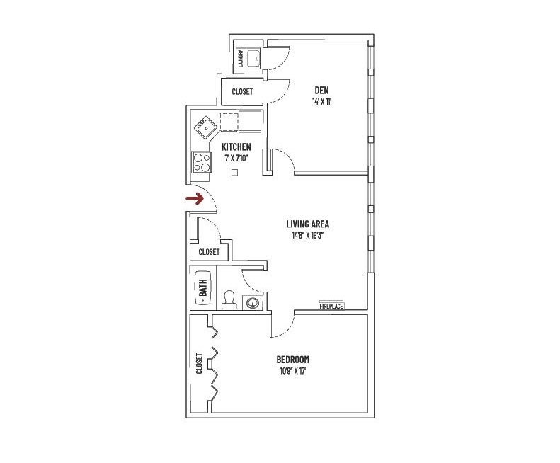 Floor Plan - 1 BED + 1 BATH + DEN  |  UNIT STYLE B = 776 SQ FT ±