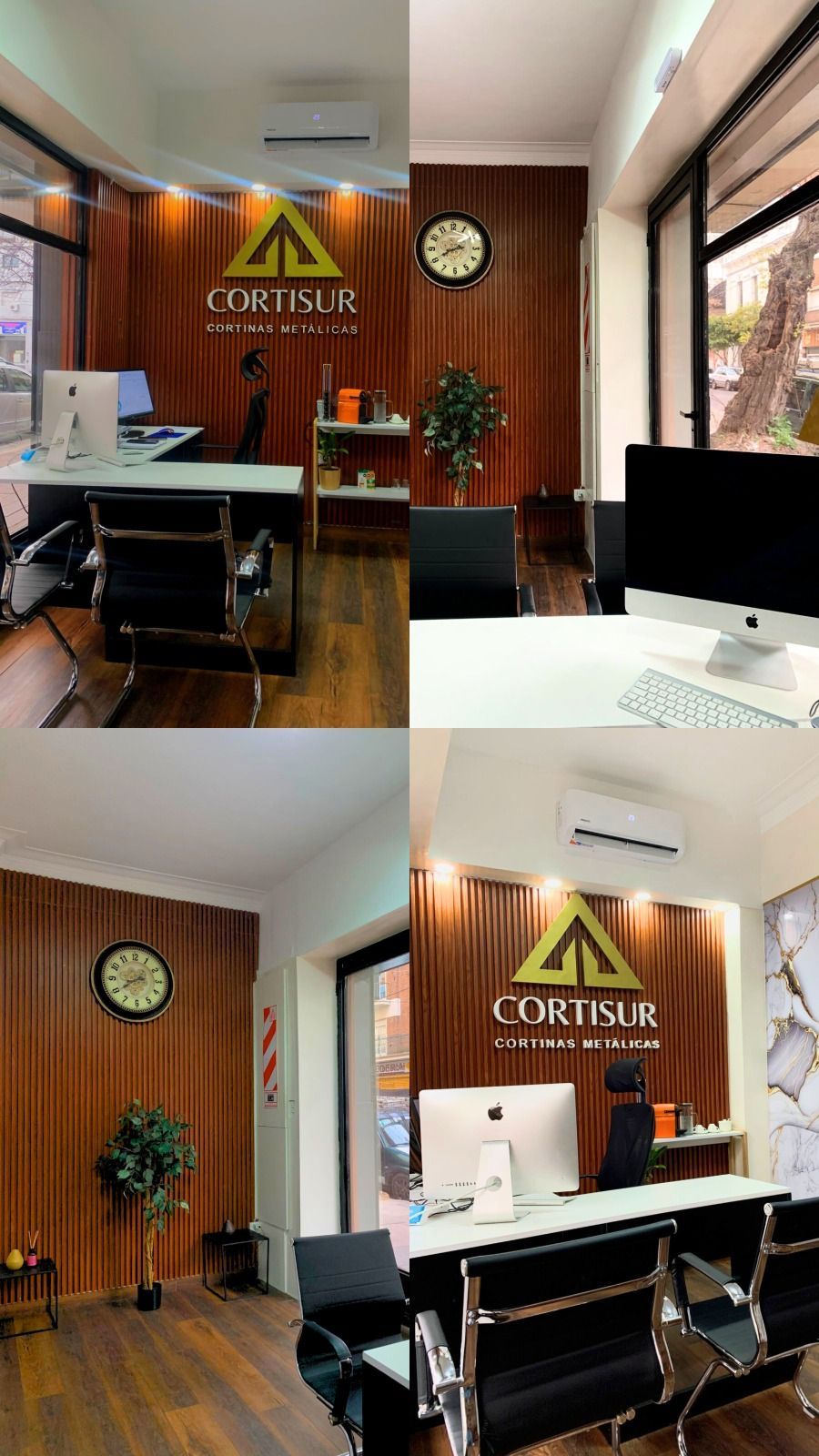 Cuatro vistas de una oficina. Revestimiento de madera, escritorios blancos, sillas negras y un reloj. 