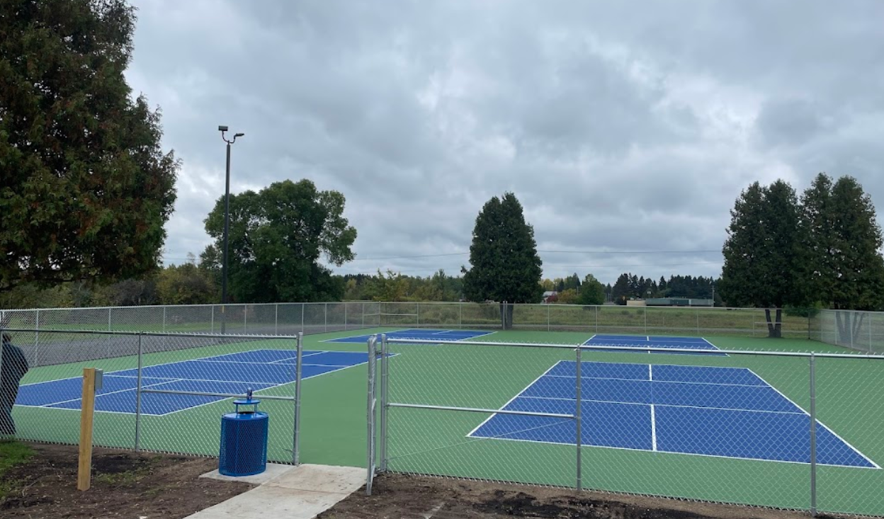 A tennis court surrounded by a fence and trees on a cloudy day.