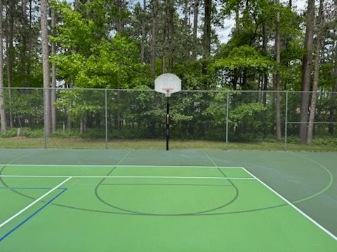 An empty basketball court with trees in the background