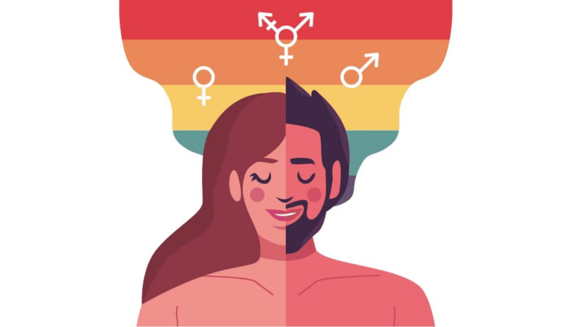 Un uomo e una donna sono in piedi uno accanto all'altro con una bandiera arcobaleno sullo sfondo.