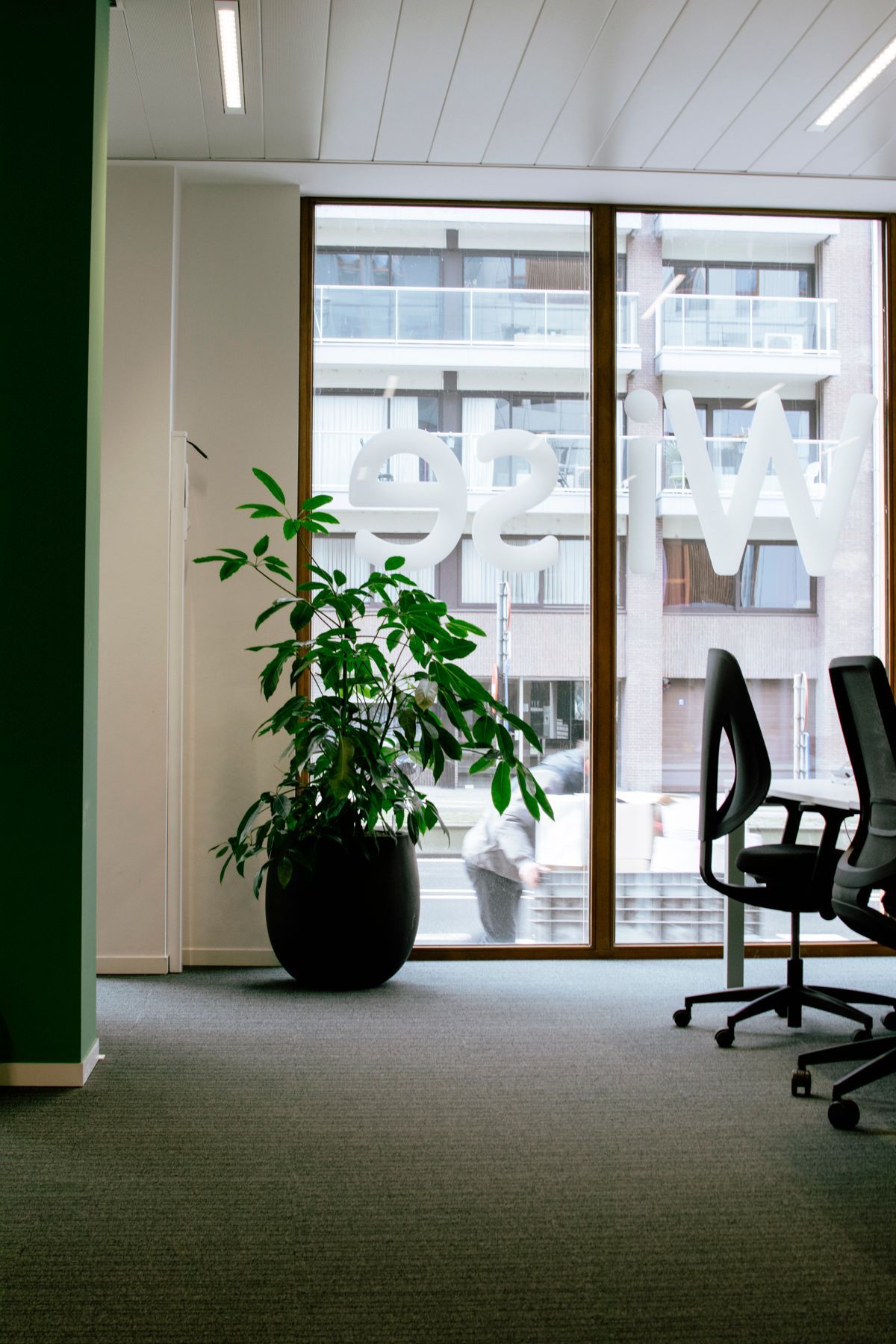 In een modern kantoor staat een potplant bij een raam, met gestileerde witte letters op het glas en bureaustoelen in de buurt.