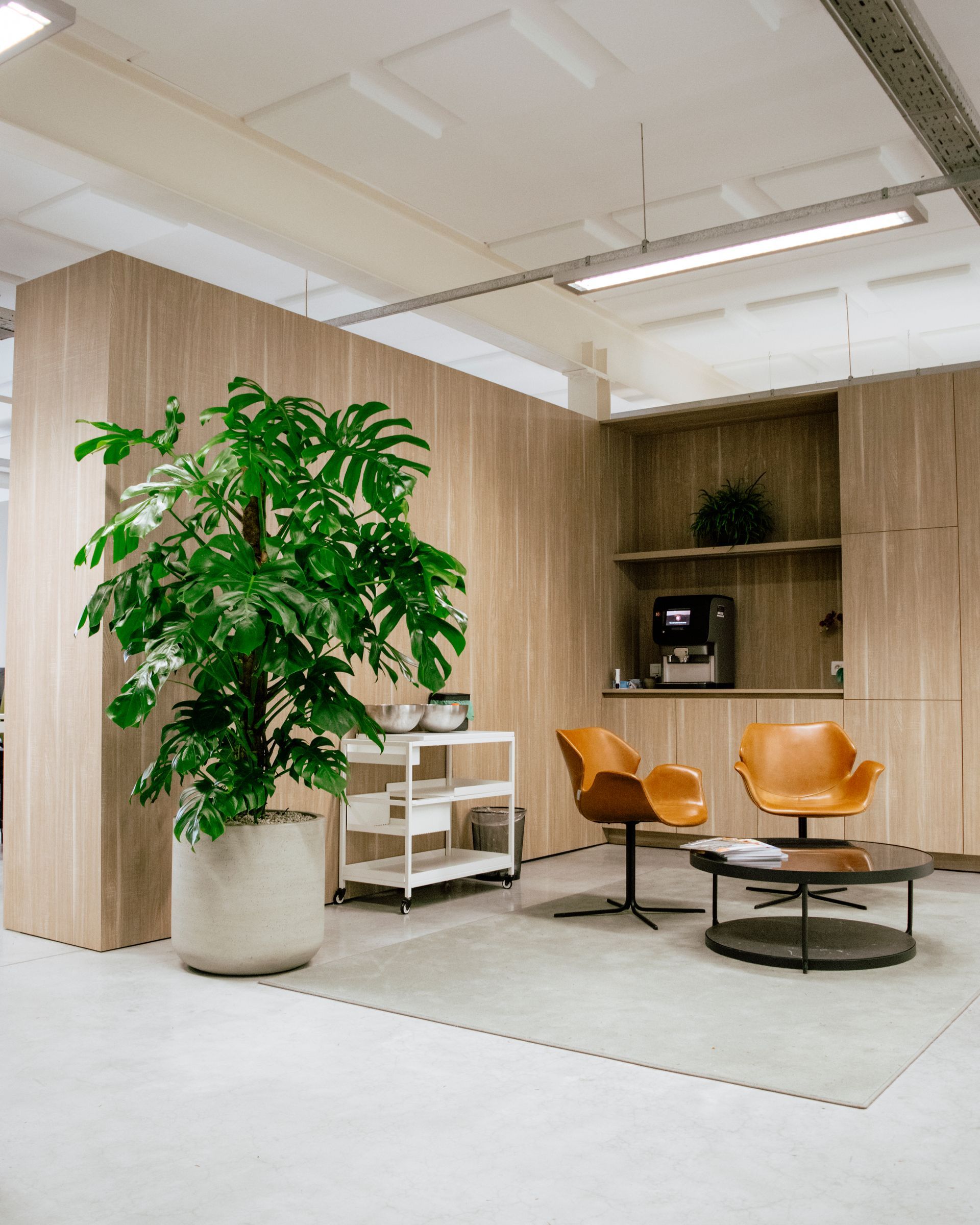 Een moderne kantoorlounge met een grote monstera-plant in een pot, een witte transportkar, twee oranje fauteuils en een koffiehoek.