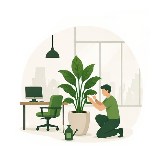Een scène met kamerplantenverzorging, waarbij iemand een grote potplant water geeft naast een bureau en stoel.