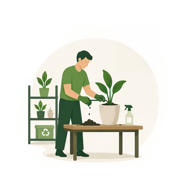 Iemand verpot een potplant naast een plank met planten en een plantenspuit op tafel.