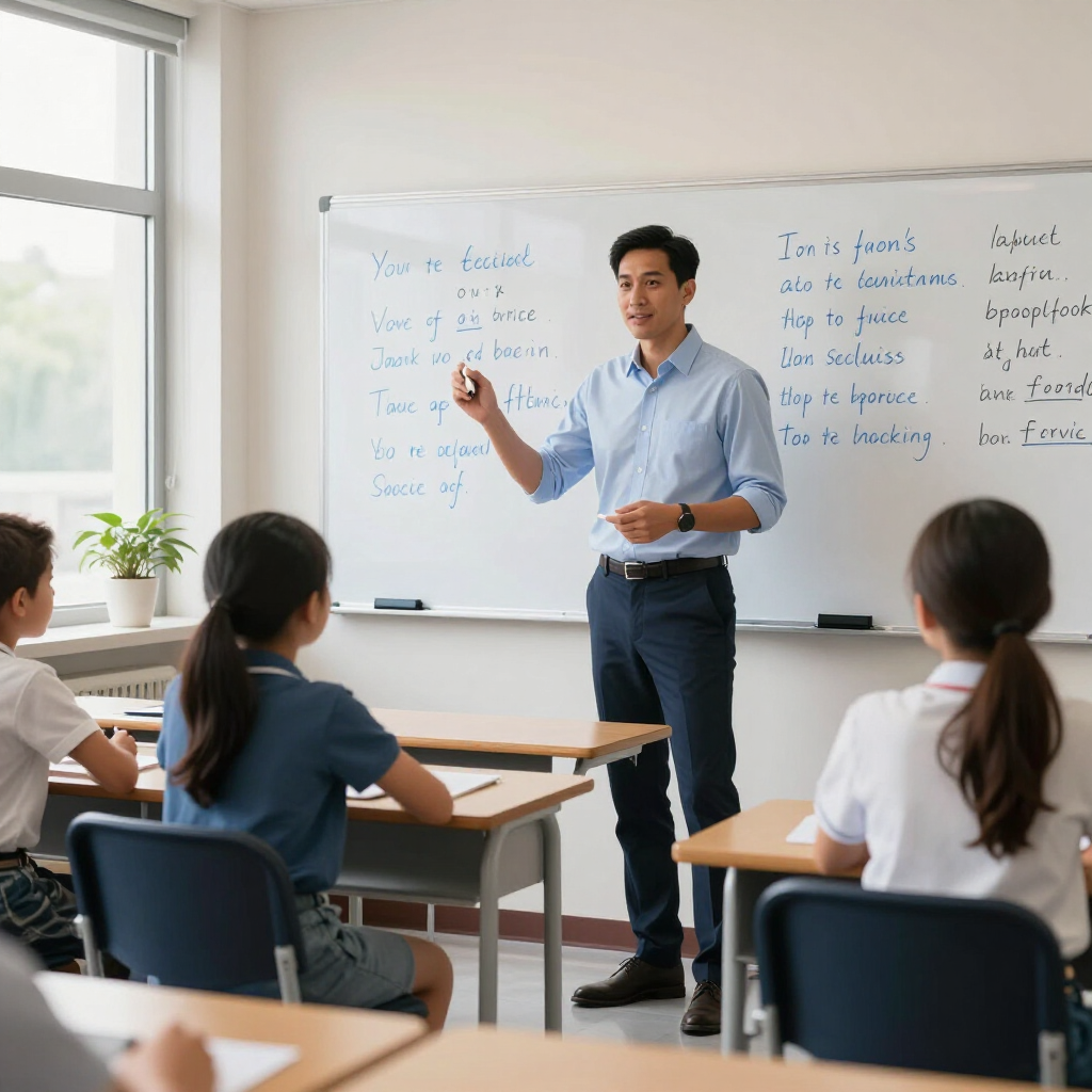 Profesora haciendo una presentación en una pizarra blanca a los alumnos en un aula luminosa.