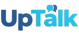 Logotipo de UpTalk en azul y azul claro con una burbuja de diálogo sobre la “a”.
