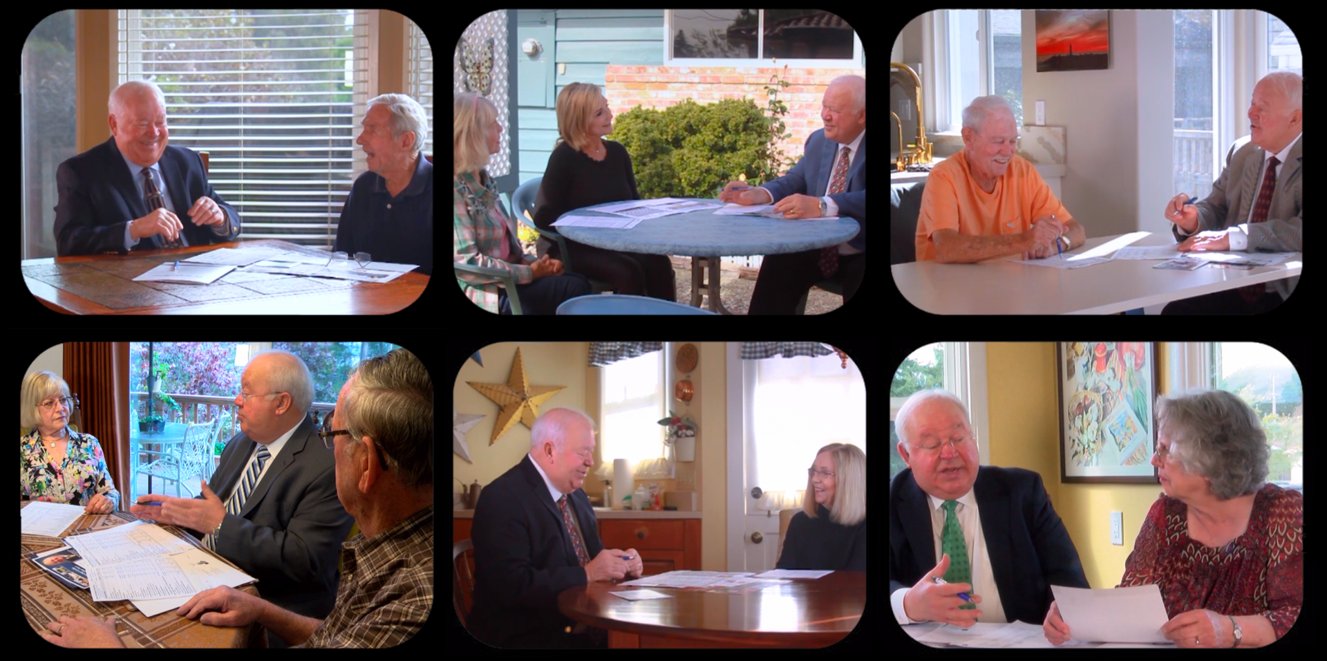 Six vignettes of people seated at tables, likely discussing documents, in various indoor and outdoor settings.