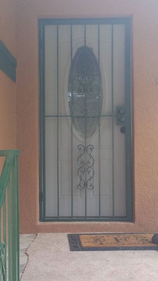 Door with green railing—Railing in Tampa, FL