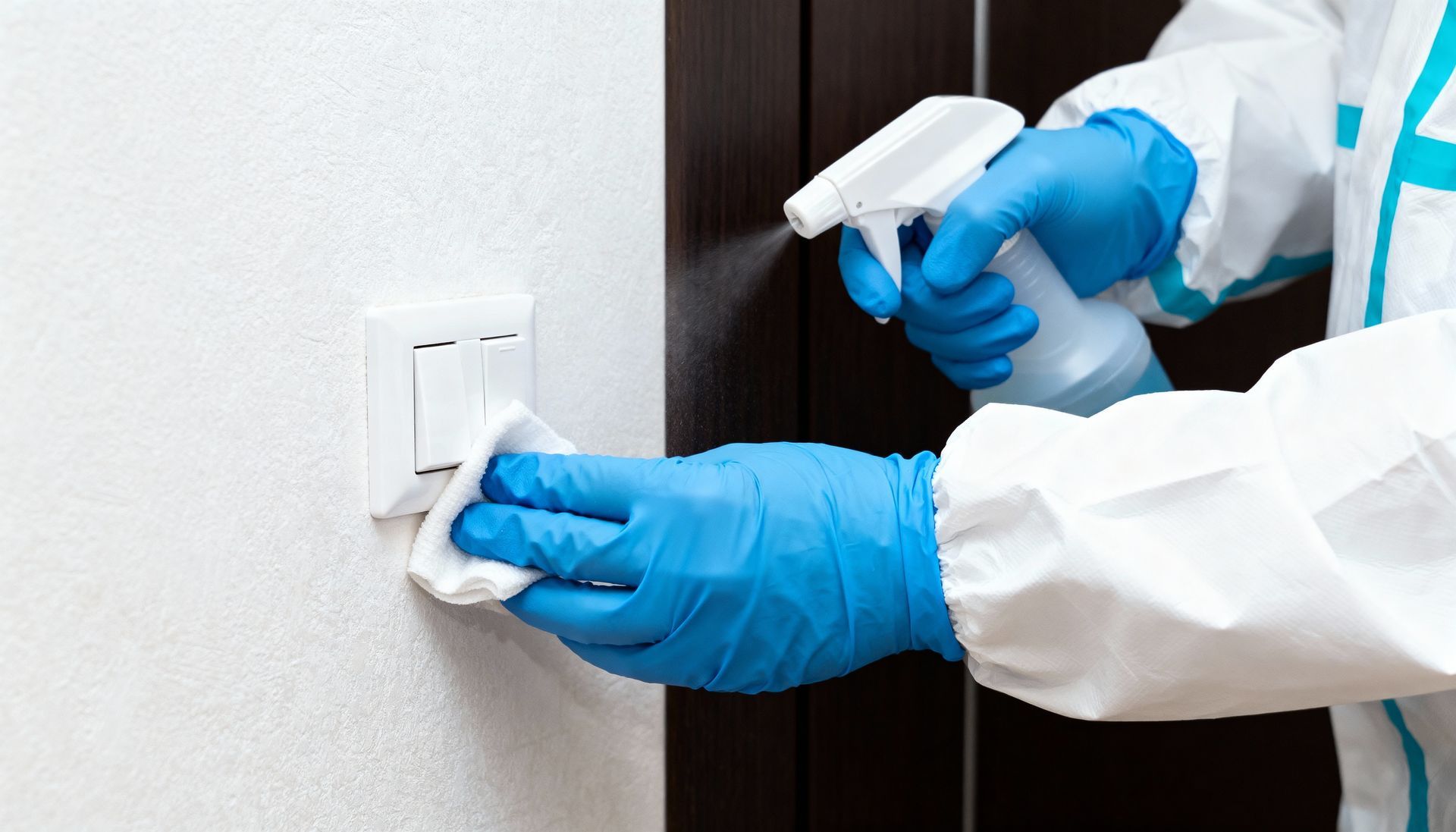 Person in protective suit sanitizing a light switch with spray and wipe.