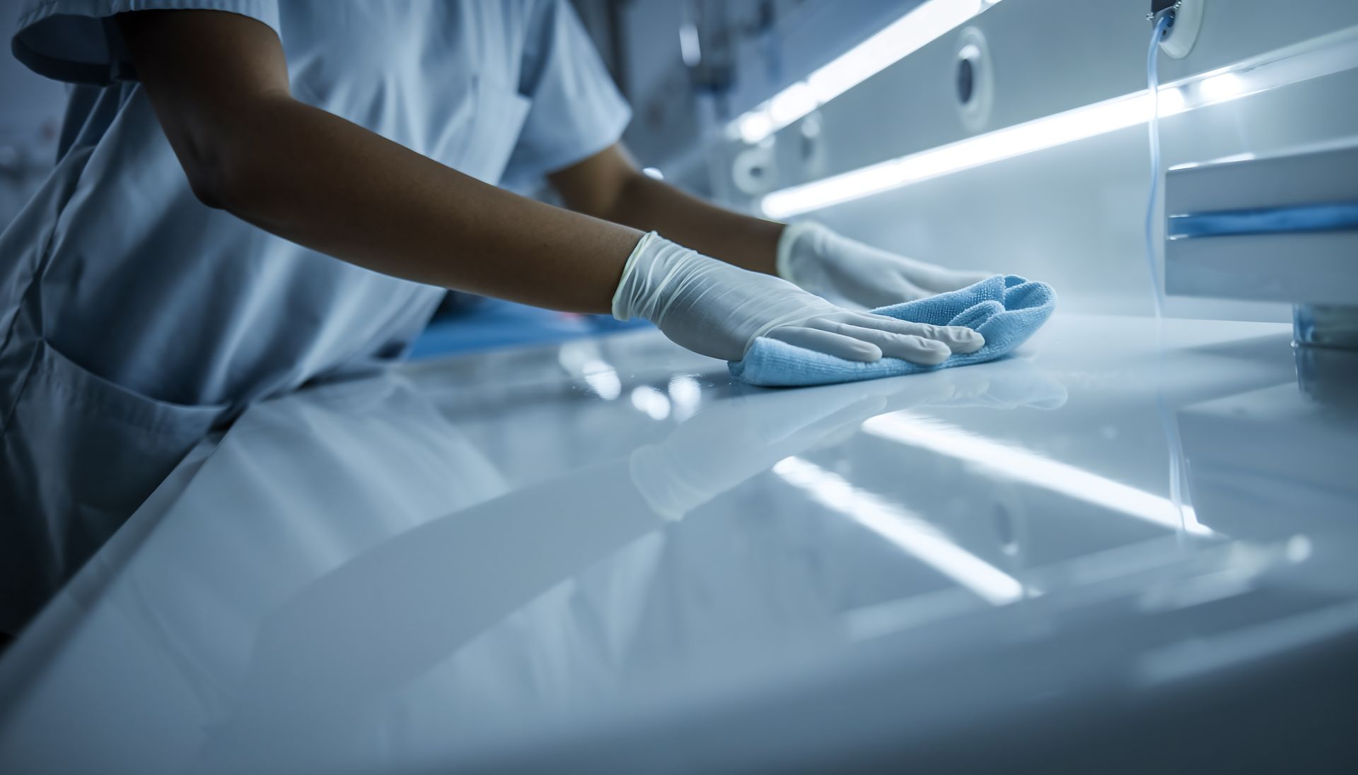 Person wearing yellow gloves sprays and wipes a wooden table with a cloth.
