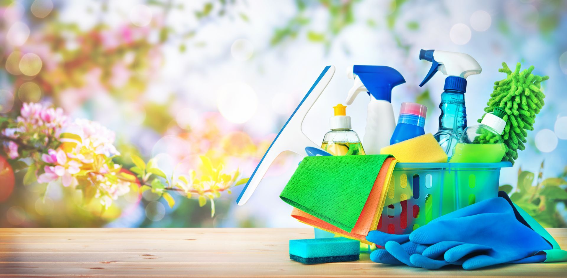 Cleaning supplies in a bucket on a wooden surface, with a blurred spring background.