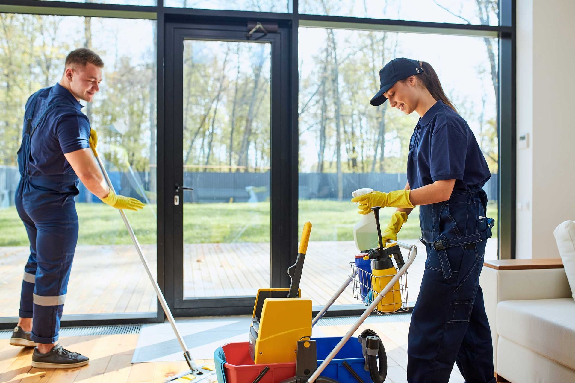 Two workers cleaning a bright room with large windows; one mops while the other stands by equipment.