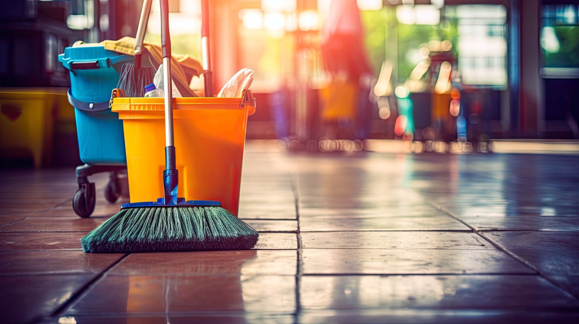 A broom, buckets, and cleaning supplies on a tiled floor inside a brightly lit building.