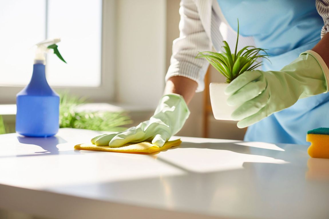 Person cleaning a kitchen counter with a spray bottle and green cloth, holding a small potted plant.