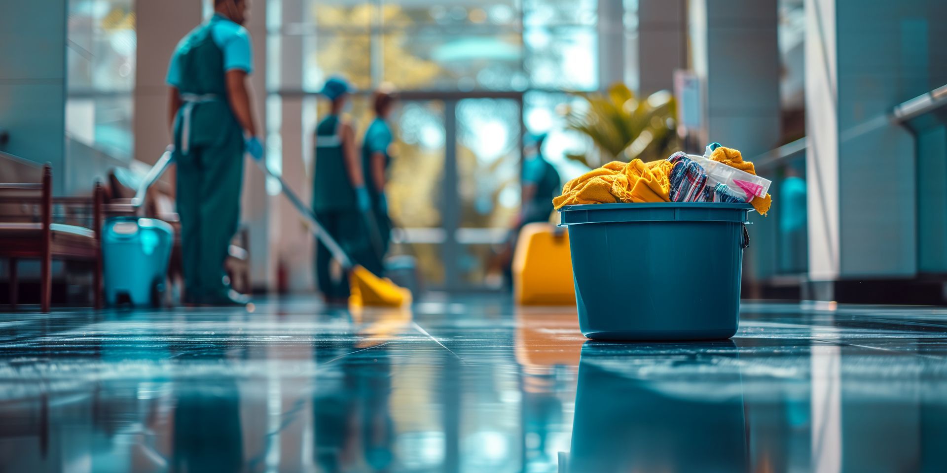 Cleaning crew mopping a shiny floor in a building. A bucket with cleaning supplies is in the foreground.