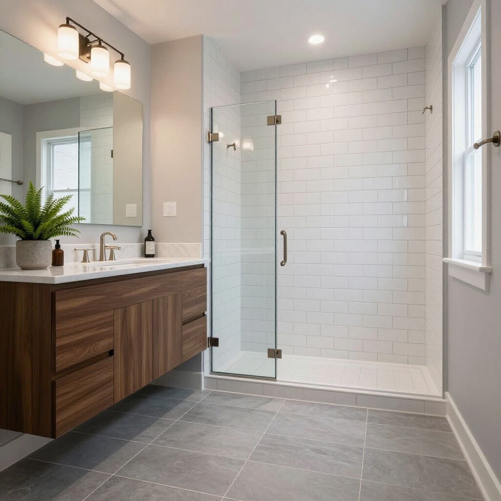 A modern bathroom with a wooden vanity, gray tiled floor, and a walk-in glass shower with white subway tiles.