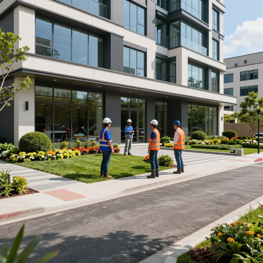 Four people in hard hats and high-visibility vests stand outside a modern building, conversing on a landscaped lawn.