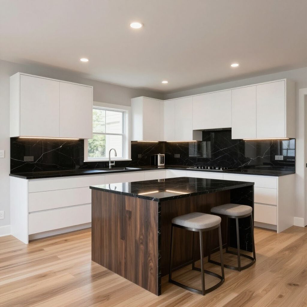 A modern kitchen featuring white cabinets, black marble countertops, a wood-paneled kitchen island, and hardwood floors.