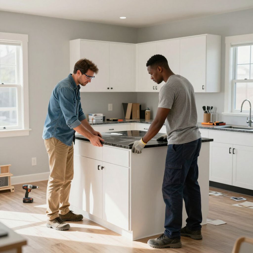Two workers in a kitchen installing a dark countertop on a white kitchen island.