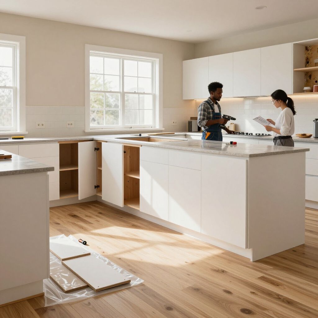 A kitchen under renovation with white cabinets, a wood floor, and two workers installing new units and reviewing plans.