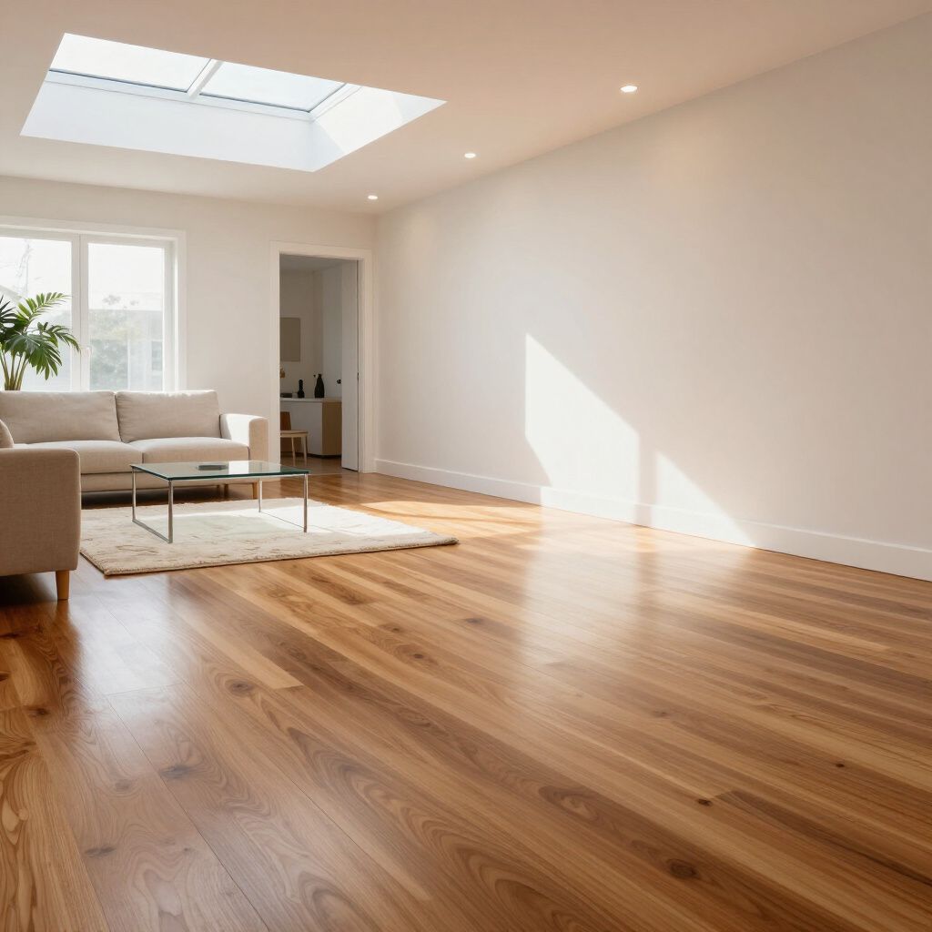 A brightly lit living room with natural wood floors, a beige sofa, a coffee table on a rug, and a large skylight.