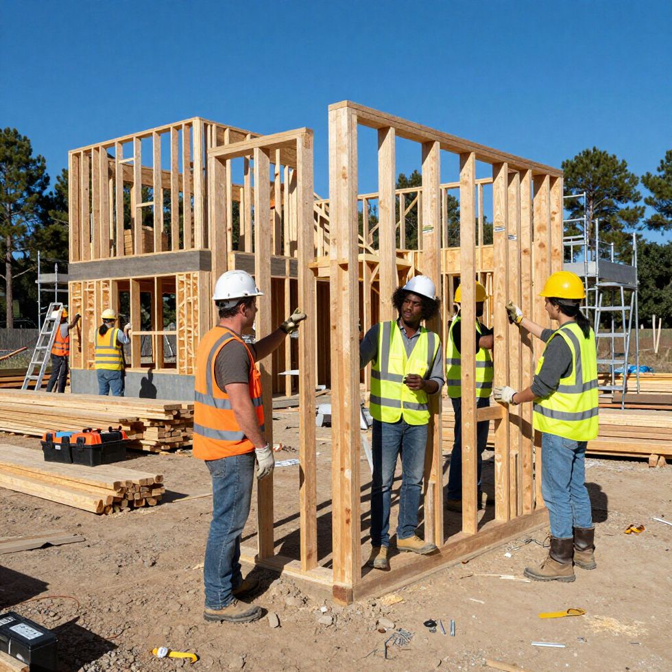 Construction workers in hard hats and high-visibility vests work on the wooden framing of a building under a clear sky.