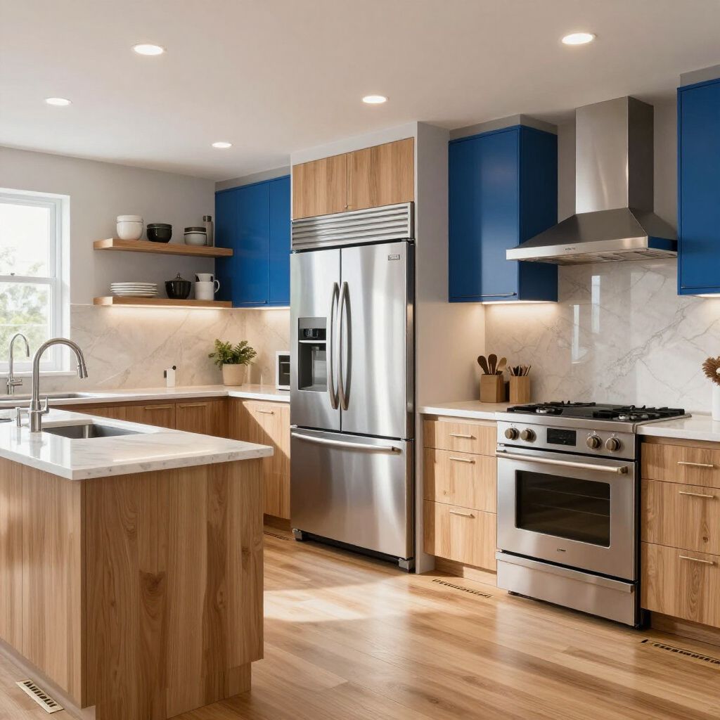 A kitchen with a wood-paneled island, matching cabinets, blue upper cabinets, a stainless steel fridge, and a range.