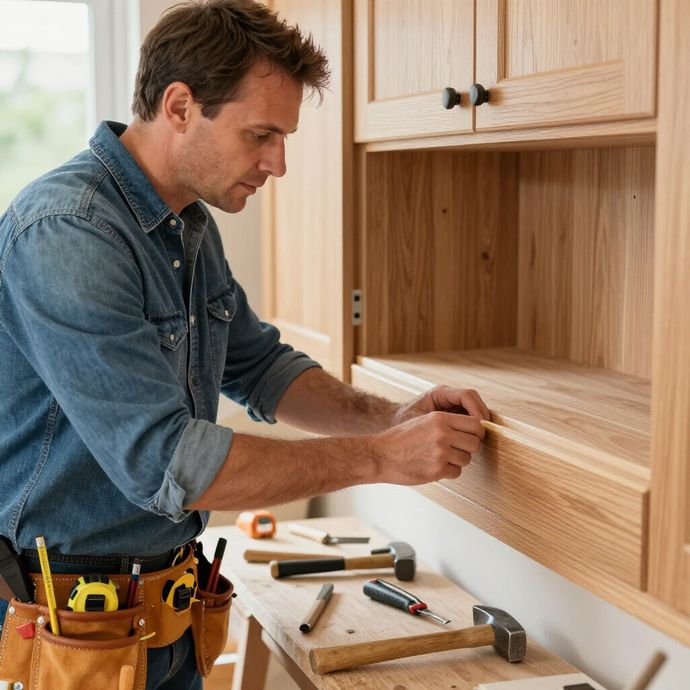 A woodworker in a denim shirt uses a pencil to mark a wooden cabinet shelf in a workshop.